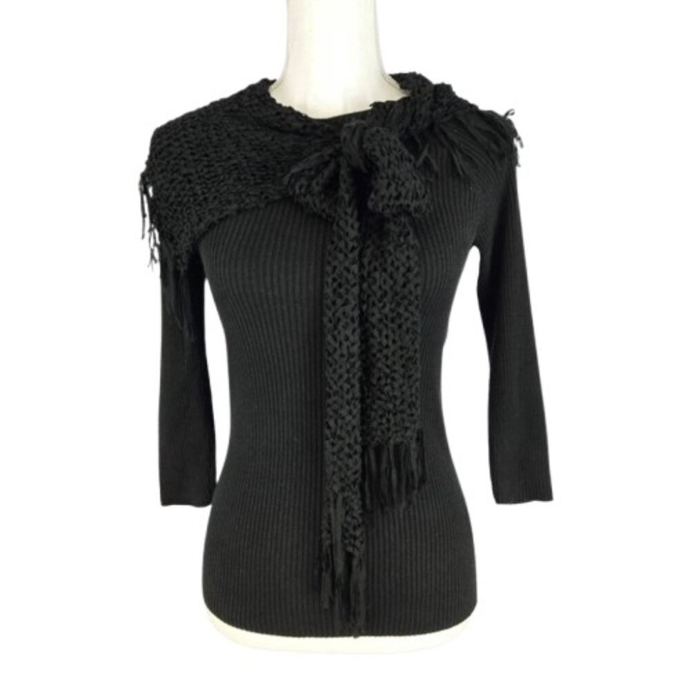 Women’s Black Ribbed Sweater Crochet Fringe Yoke Tie Neck Size S